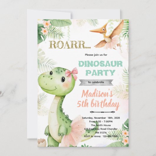 Dinosaurus ballerina verjaardagsfeest uitnodiging (Voorkant)