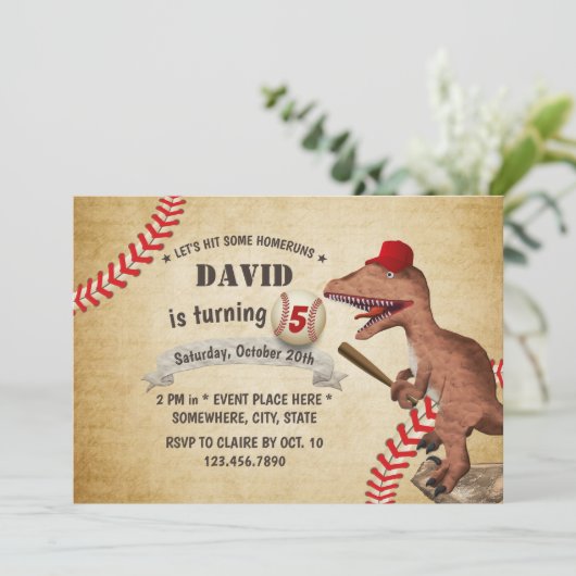  dinosaurus Baseball 5e verjaardag Kaart (Staand voorkant)