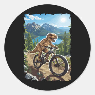 Dinosaurus bergfietsen door bosroute  ronde sticker
