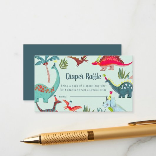 Dinosaurus Blauw Baby shower Luier Raffle Enclosur Informatiekaartje (Voorkant / Achterkant in situ)