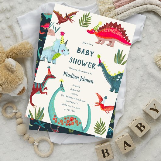Dinosaurus blauwe baby jongen shower feest uitnodi bedankkaart