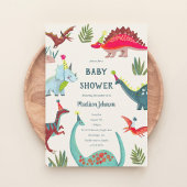 Dinosaurus blauwe baby jongen shower feest uitnodi bedankkaart
