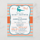 Dinosaurus; Blauwgroen & Oranje Strepen Baby showe Uitnodiging Briefkaart (Voorkant)