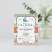 Dinosaurus; Blauwgroen & Oranje Strepen Baby showe Uitnodiging Briefkaart (Staand voorkant)