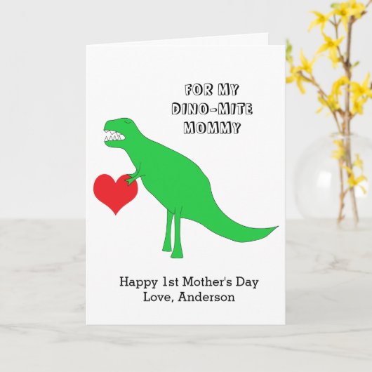 Dinosaurus blij 1e Moederdag van kind Kaart (Gele Bloem)