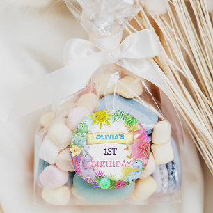 Dinosaurus Bloemen Glitter Baby Meisje 1e Verjaard Ronde Sticker