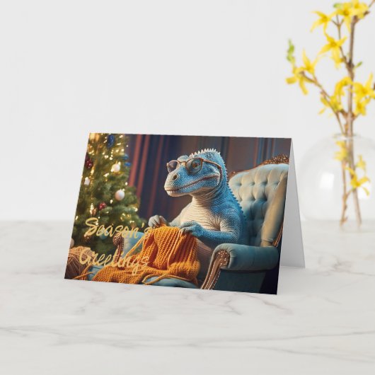 Dinosaurus breien Vrolijk kerstfeest Kaart (Gele Bloem)