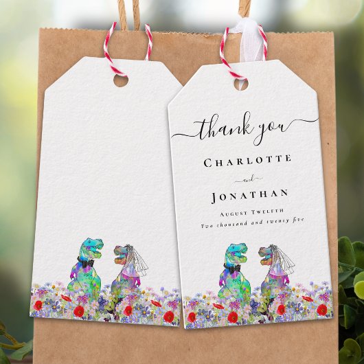 Dinosaurus Bruid & Bruidegom Aangepaste Trouw Dank Cadeaulabel