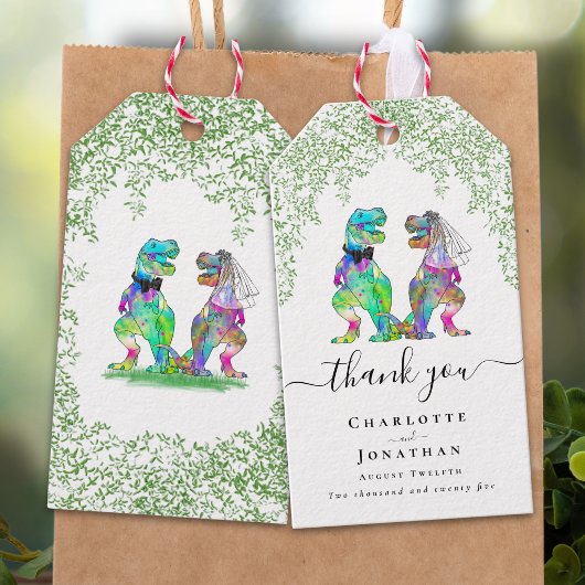 Dinosaurus Bruid & Bruidegom Aangepaste Trouw Dank Cadeaulabel
