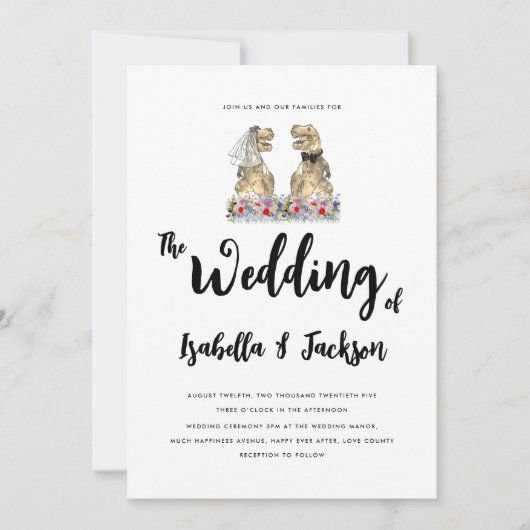 Dinosaurus bruid en bruidegom Boho Wildflower Wedd Kaart (Voorkant)