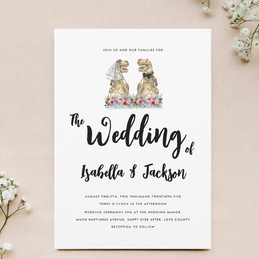 Dinosaurus bruid en bruidegom Boho Wildflower Wedd Kaart