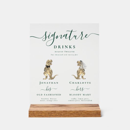 Dinosaurus bruid en bruidegom handtekening Drinken Acryl Bord (Voorkant)