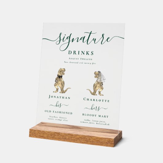 Dinosaurus bruid en bruidegom handtekening Drinken Acryl Bord (Hoek)