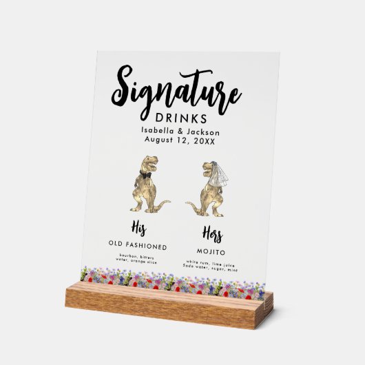 Dinosaurus bruid en bruidegom handtekening Drinken Acryl Bord (Hoek)