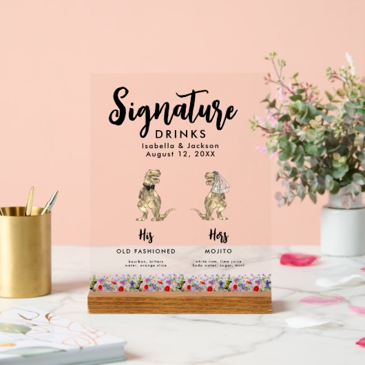 Dinosaurus bruid en bruidegom handtekening Drinken Acryl Bord (Huwelijk)