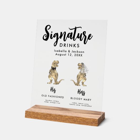 Dinosaurus bruid en bruidegom handtekening Drinken Acryl Bord (Hoek)