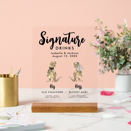 Dinosaurus bruid en bruidegom handtekening Drinken Acryl Bord (Huwelijk)