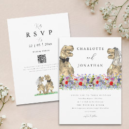 Dinosaurus Bruiloft Boho Wilde Bloemen QR Code Kaart