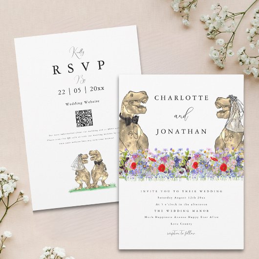 Dinosaurus Bruiloft Boho Wilde Bloemen QR Code Kaart