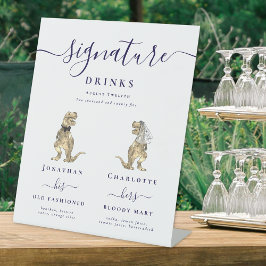 Dinosaurus Bruiloft Navy Blauwe Script Onderschrif Reclamebord Met Voetstuk