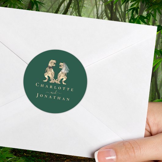 Dinosaurus bruiloft op maat ronde sticker