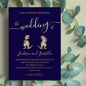 Dinosaurus bruiloft T-Rex bruid en bruidegom blauw Folie Uitnodiging