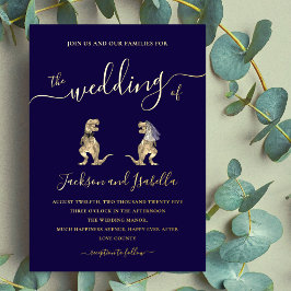 Dinosaurus bruiloft T-Rex bruid en bruidegom blauw Folie Uitnodiging