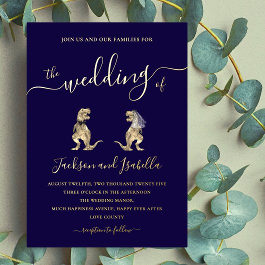 Dinosaurus bruiloft T-Rex bruid en bruidegom blauw Folie Uitnodiging