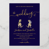 Dinosaurus bruiloft T-Rex bruid en bruidegom blauw Folie Uitnodiging (Voorkant)