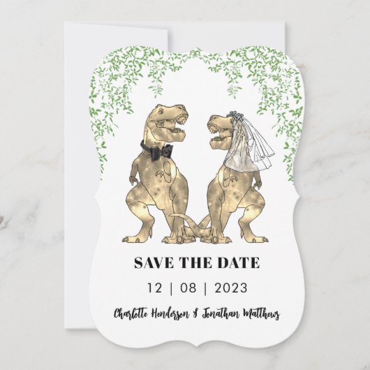 Dinosaurus Bruiloft T-Rex Bruid en bruidegom Save The Date (Voorkant)