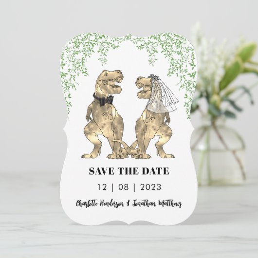 Dinosaurus Bruiloft T-Rex Bruid en bruidegom Save The Date (Staand voorkant)