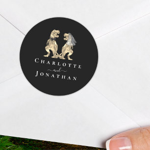 Dinosaurus bruiloft zwart en wit gepersonaliseerd ronde sticker