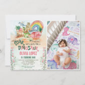 Dinosaurus brullen 1e verjaardag partij meisje fot kaart (Voorkant)