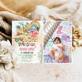 Dinosaurus brullen 1e verjaardag partij meisje fot kaart