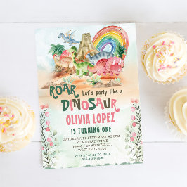 Dinosaurus brullen 1e verjaardag partij meisje kaart