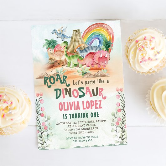 Dinosaurus brullen 1e verjaardag partij meisje kaart