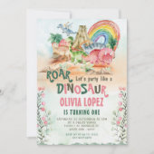 Dinosaurus brullen 1e verjaardag partij meisje kaart (Voorkant)