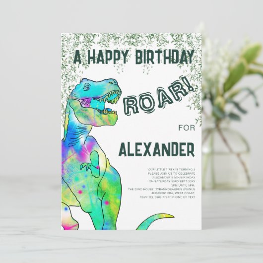 Dinosaurus brullen 5e verjaardag feest kaart (Staand voorkant)
