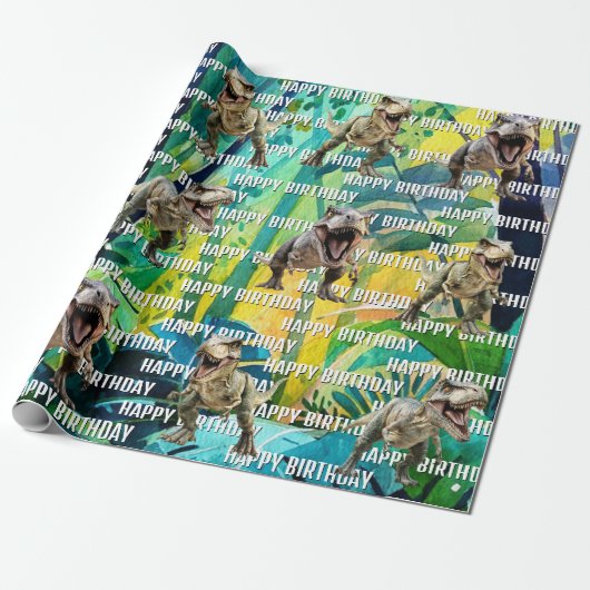 Dinosaurus brult gelukkige verjaardag cadeaupapier (Uitgerold)