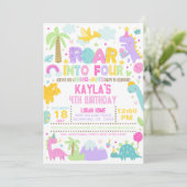 Dinosaurus brult in vier uitnodigingen voor de vie (Staand voorkant)