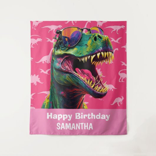 Dinosaurus Cool T Rex Roze Achtergrond Wandkleed (Voorkant)