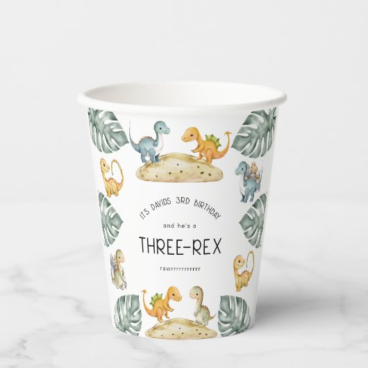 Dinosaurus Derde Verjaardag Drie-Rex Partij Papieren Bekers (Voorkant)