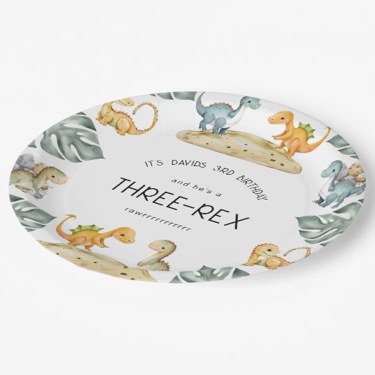 Dinosaurus Derde Verjaardag Drie-Rex Partij Papieren Bordje (Gekanteld)