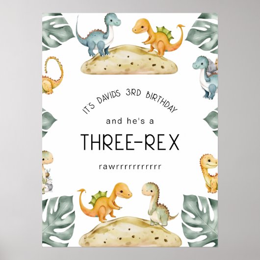 Dinosaurus Derde Verjaardag Drie-Rex Partij Poster (Voorkant)