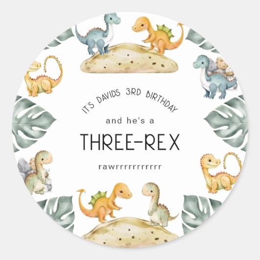 Dinosaurus Derde Verjaardag Drie-Rex Partij Ronde Sticker (Voorkant)