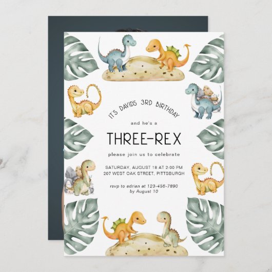 Dinosaurus Derde Verjaardag Drie-Rex Party Foto Kaart (Voorkant / Achterkant)