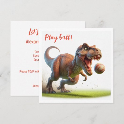 Dinosaurus die bal spelen, t-rex verjaardagsuitnod kaart (Voorkant / Achterkant)