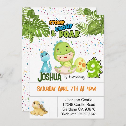 Dinosaurus die negen verjaardagsuitnodiging wordt kaart (Voorkant / Achterkant)