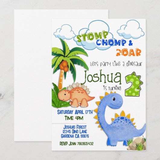 Dinosaurus die twee verjaardagsuitnodiging wordt kaart (Voorkant / Achterkant)
