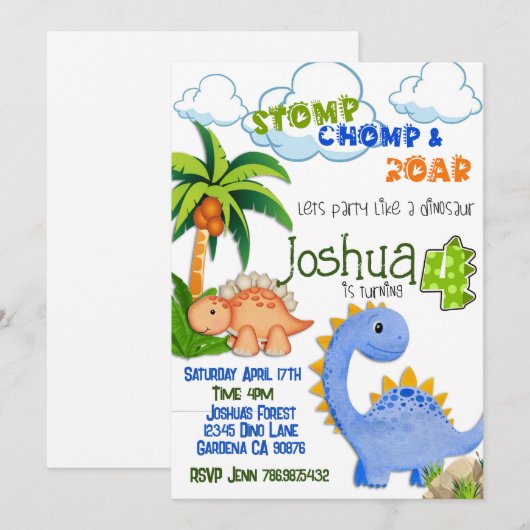 Dinosaurus die vier verjaardagsuitnodiging wordt kaart (Voorkant / Achterkant)